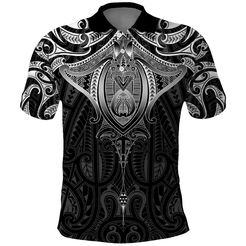 New Zealand Aotearoa Polo Shirt Maori Manta Ray Moko Black - Polynesian Pride