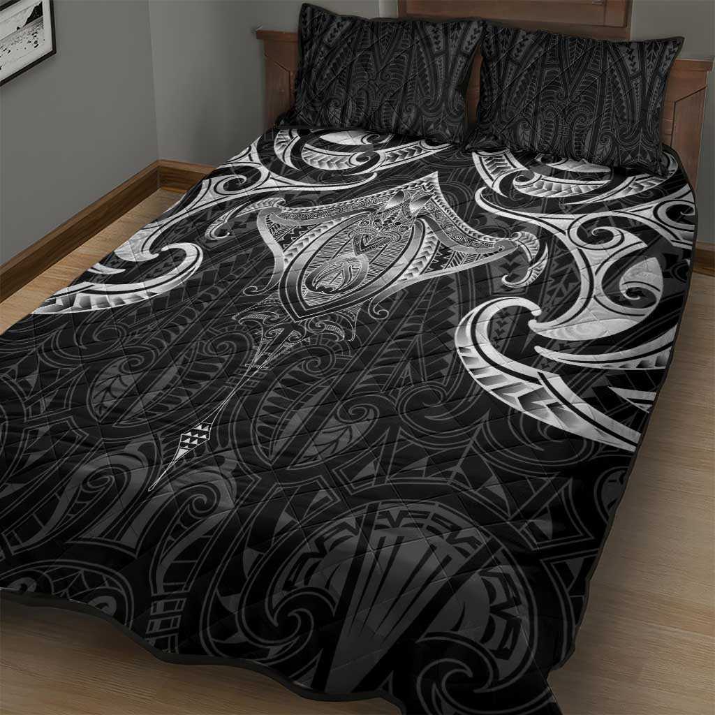 New Zealand Aotearoa Quilt Bed Set Maori Manta Ray Moko Black - Polynesian Pride