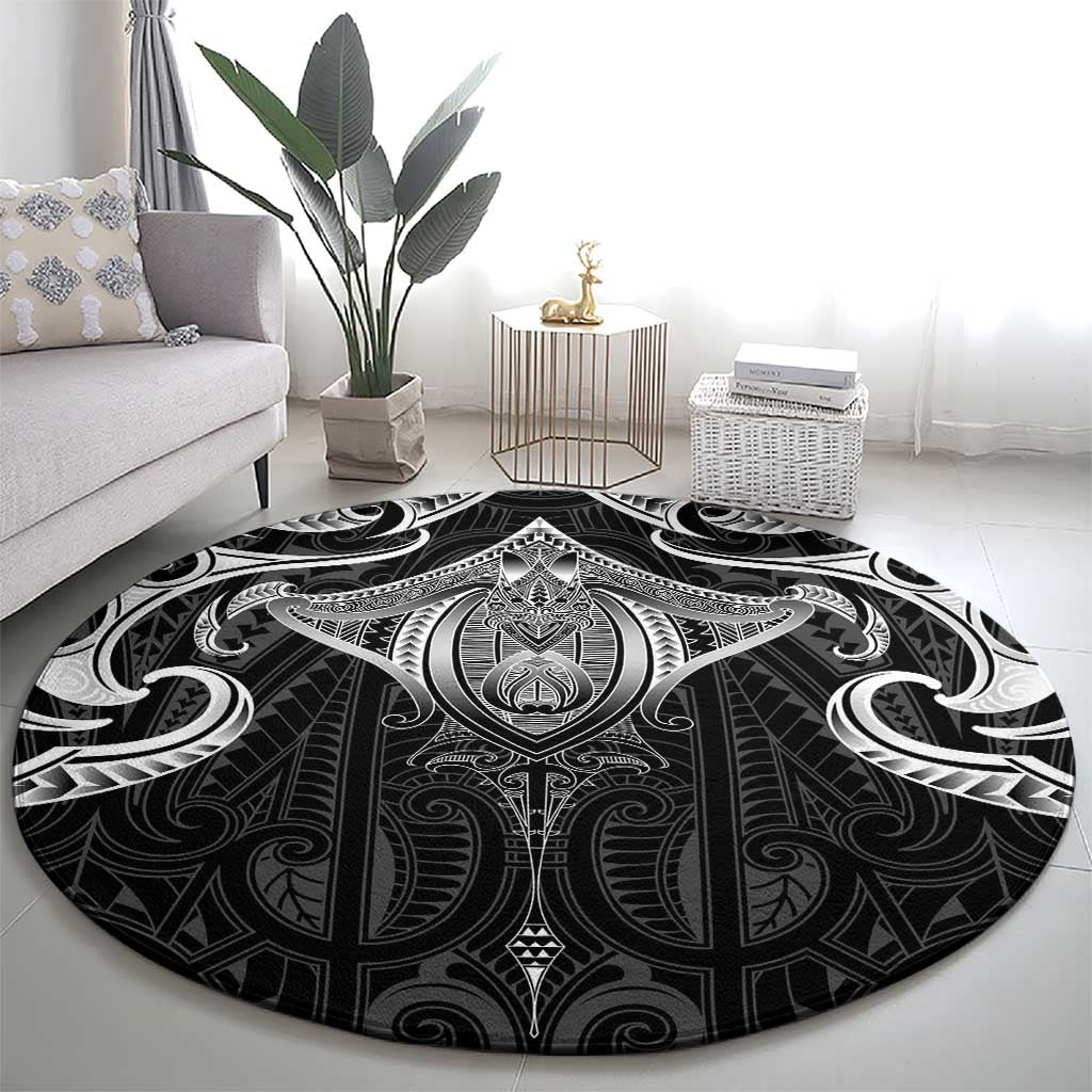 New Zealand Aotearoa Round Carpet Maori Manta Ray Moko Black - Polynesian Pride