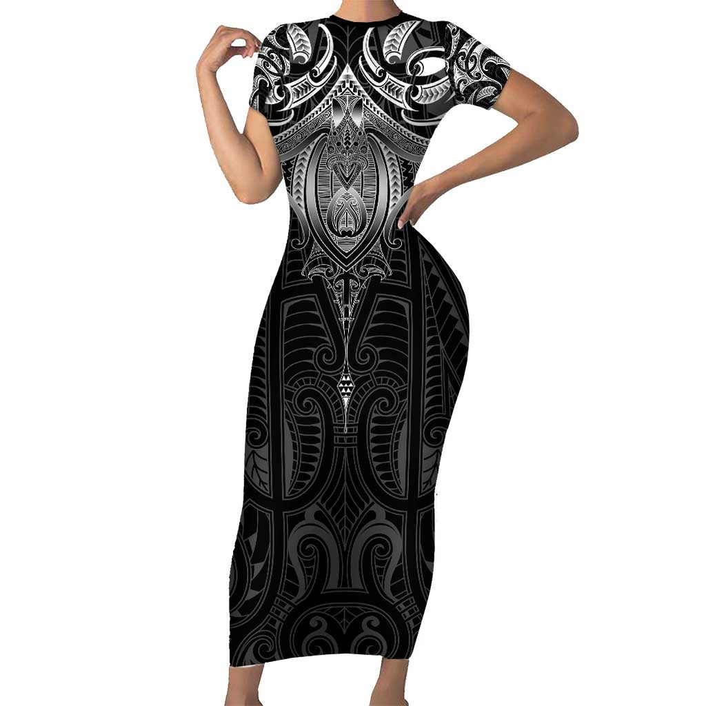New Zealand Aotearoa Short Sleeve Bodycon Dress Maori Manta Ray Moko Black - Polynesian Pride