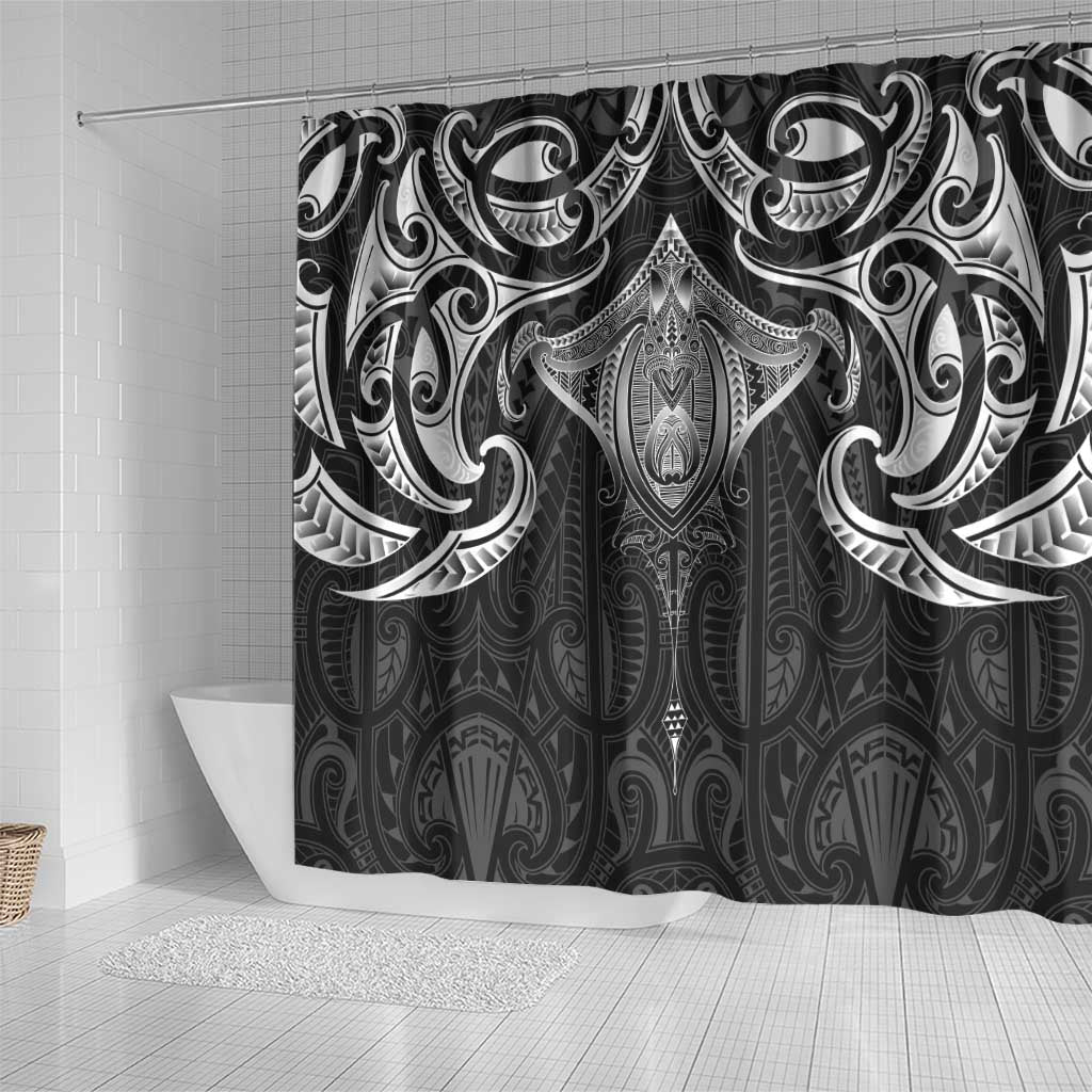 New Zealand Aotearoa Shower Curtain Maori Manta Ray Moko Black - Polynesian Pride