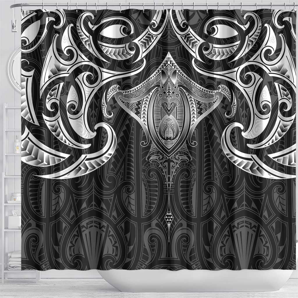 New Zealand Aotearoa Shower Curtain Maori Manta Ray Moko Black - Polynesian Pride