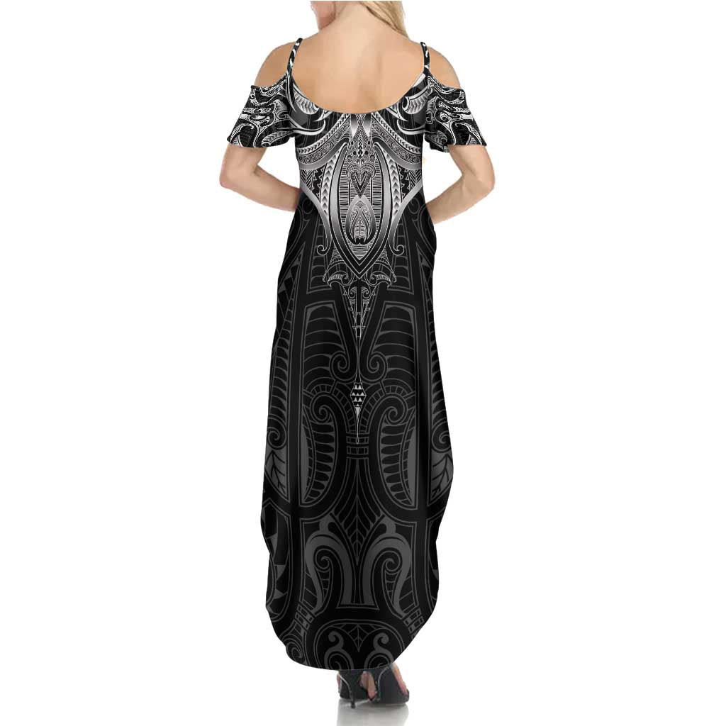 New Zealand Aotearoa Summer Maxi Dress Maori Manta Ray Moko Black - Polynesian Pride