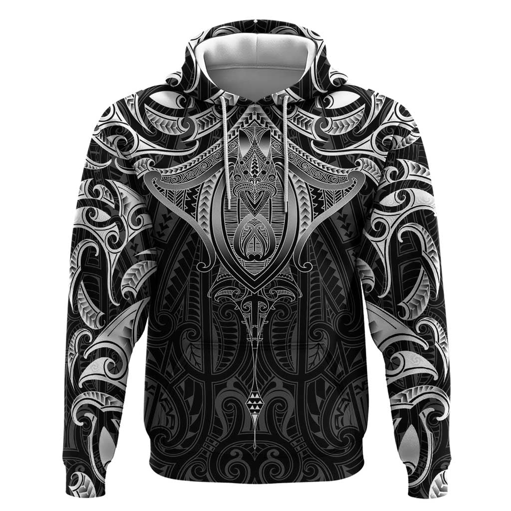 New Zealand Aotearoa Zip Hoodie Maori Manta Ray Moko Black - Polynesian Pride