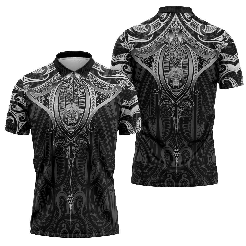 New Zealand Aotearoa Zipper Polo Shirt Maori Manta Ray Moko Black - Polynesian Pride
