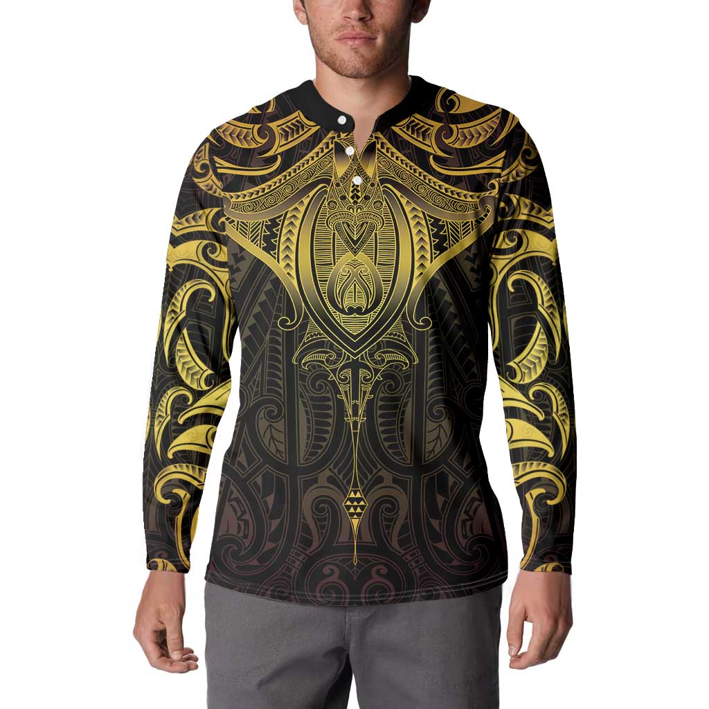 New Zealand Aotearoa Button Sweatshirt Maori Manta Ray Moko Gold - Polynesian Pride