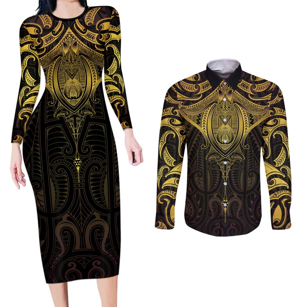 New Zealand Aotearoa Couples Matching Long Sleeve Bodycon Dress and Long Sleeve Button Shirt Maori Manta Ray Moko Gold LT05 Gold - Polynesian Pride