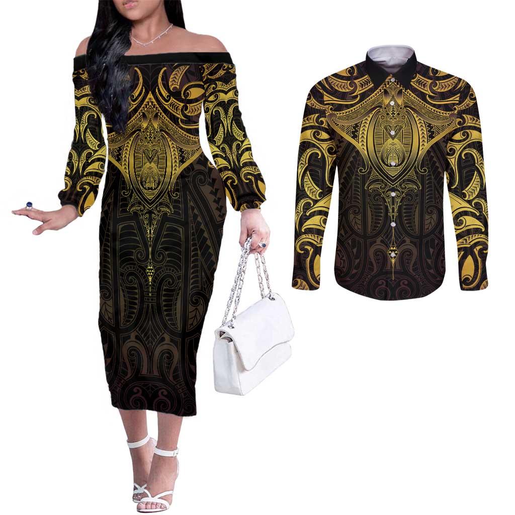 New Zealand Aotearoa Couples Matching Off The Shoulder Long Sleeve Dress and Long Sleeve Button Shirt Maori Manta Ray Moko Gold LT05 Gold - Polynesian Pride
