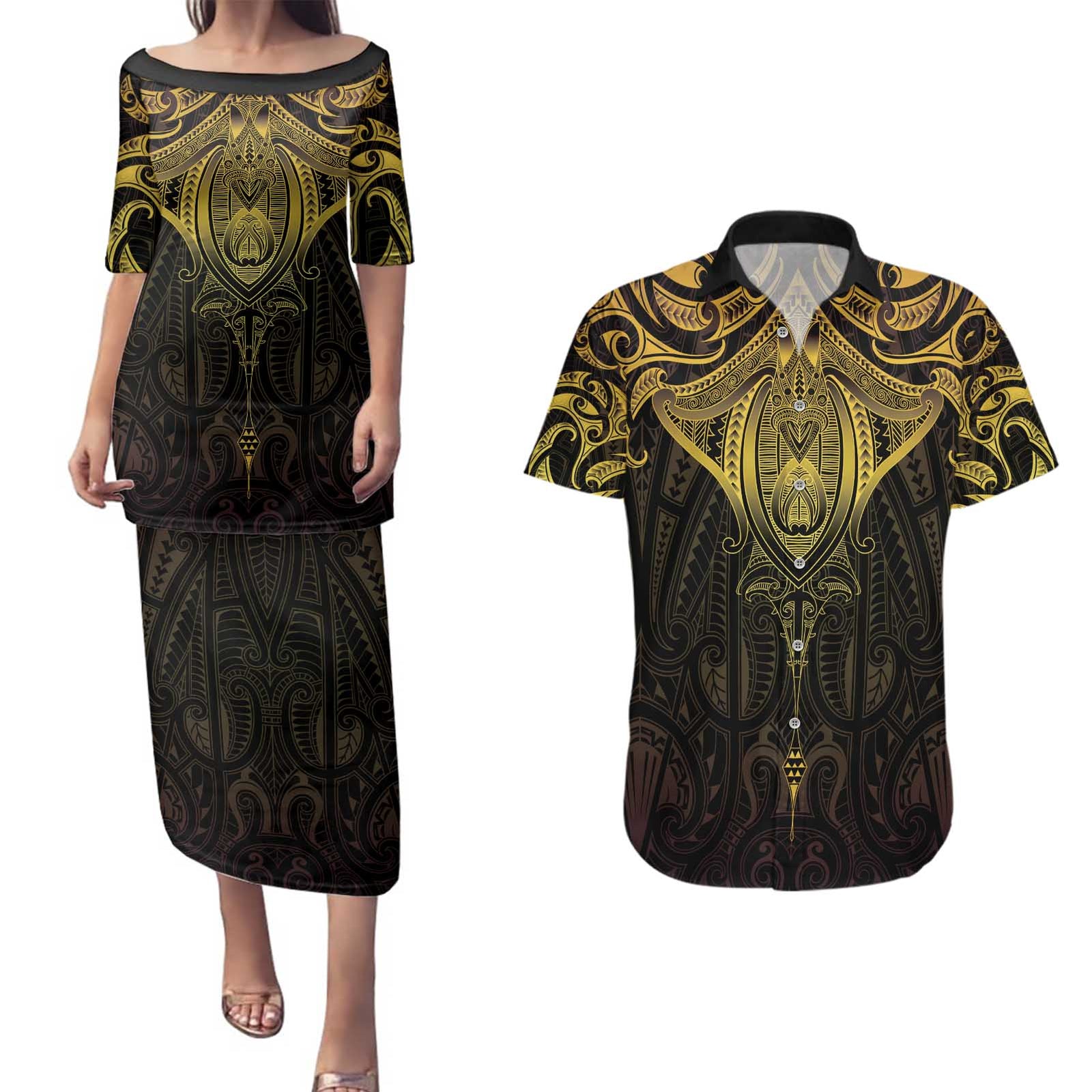 New Zealand Aotearoa Couples Matching Puletasi and Hawaiian Shirt Maori Manta Ray Moko Gold - Polynesian Pride