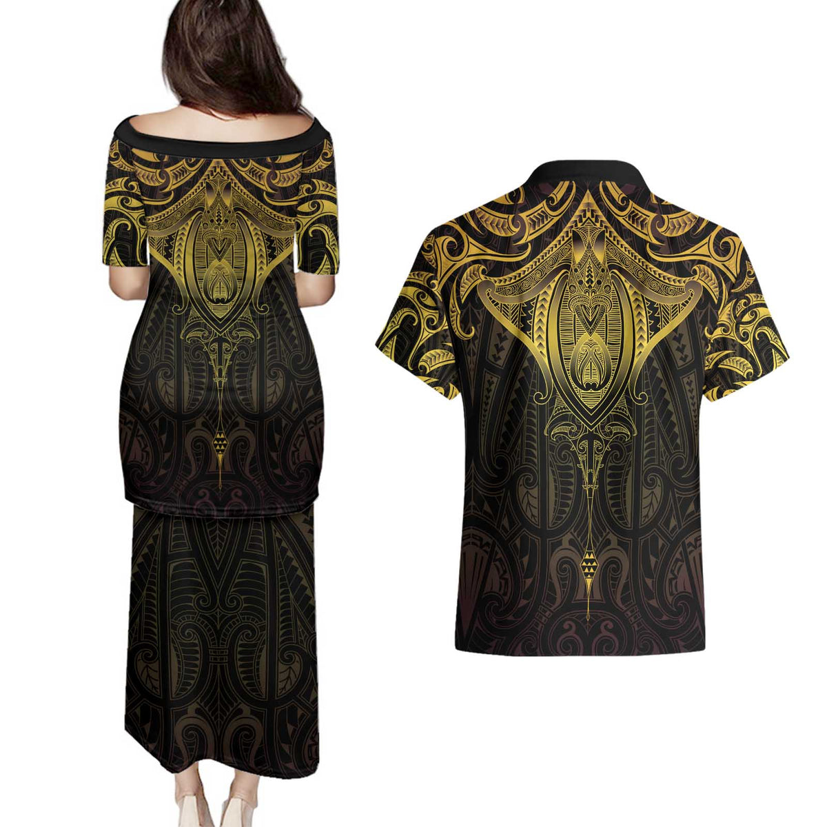New Zealand Aotearoa Couples Matching Puletasi and Hawaiian Shirt Maori Manta Ray Moko Gold - Polynesian Pride