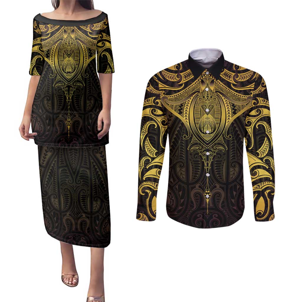 New Zealand Aotearoa Couples Matching Puletasi and Long Sleeve Button Shirt Maori Manta Ray Moko Gold LT05 Gold - Polynesian Pride
