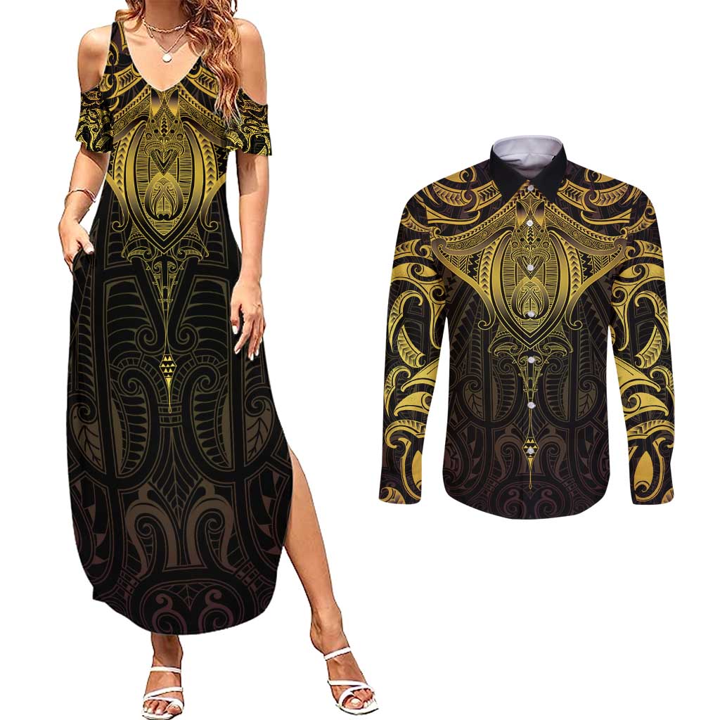 New Zealand Aotearoa Couples Matching Summer Maxi Dress and Long Sleeve Button Shirt Maori Manta Ray Moko Gold - Polynesian Pride
