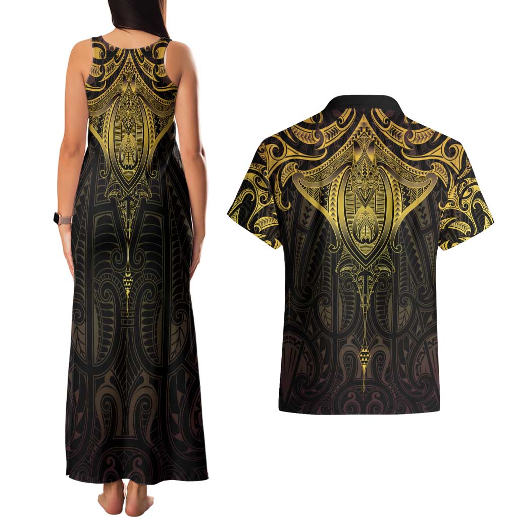 New Zealand Aotearoa Couples Matching Tank Maxi Dress and Hawaiian Shirt Maori Manta Ray Moko Gold - Polynesian Pride