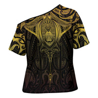 New Zealand Aotearoa Cross Shoulder Shirt Maori Manta Ray Moko Gold LT05 - Polynesian Pride
