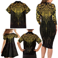 New Zealand Aotearoa Family Matching Long Sleeve Bodycon Dress and Hawaiian Shirt Maori Manta Ray Moko Gold - Polynesian Pride