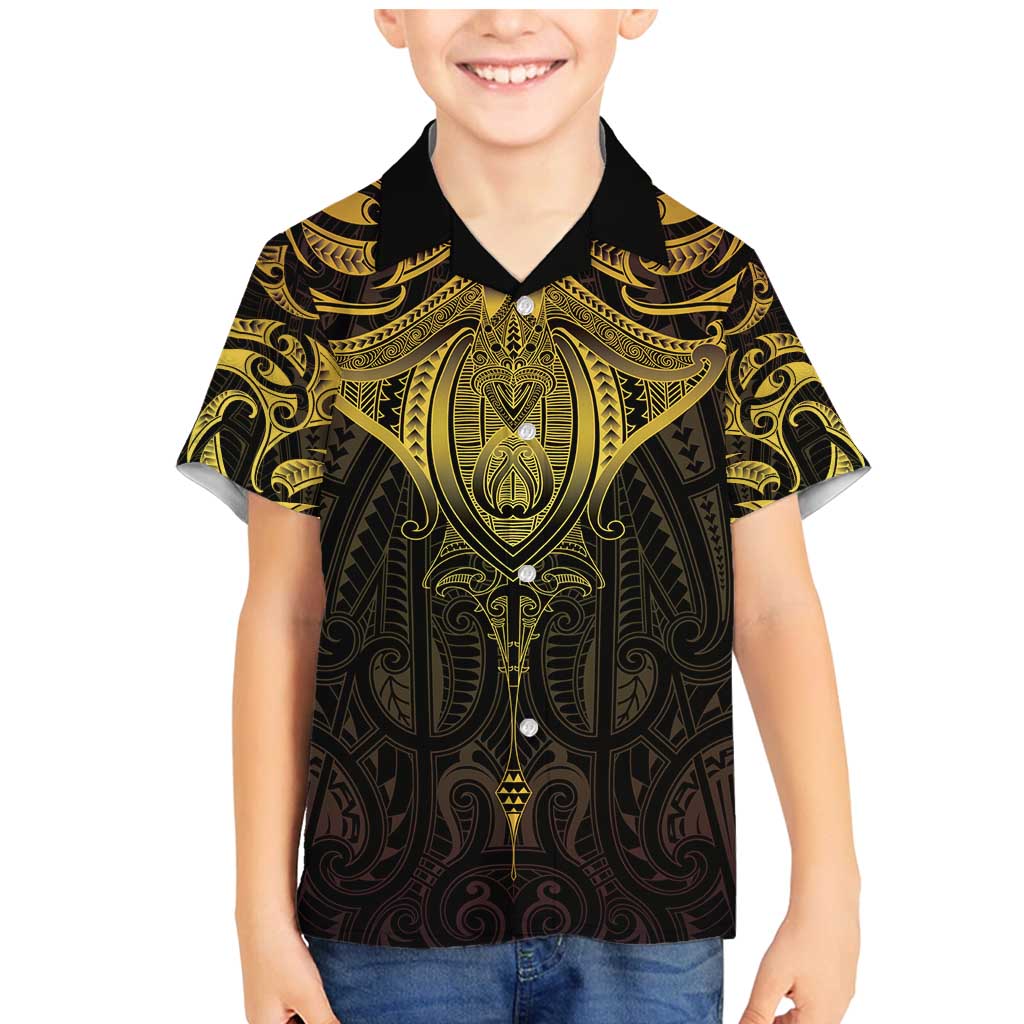 New Zealand Aotearoa Family Matching Mermaid Dress and Hawaiian Shirt Maori Manta Ray Moko Gold - Polynesian Pride