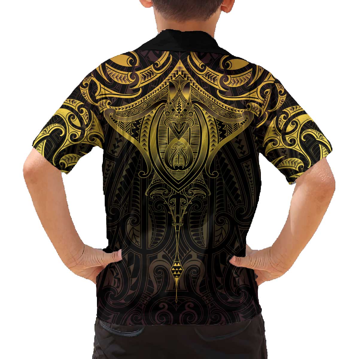 New Zealand Aotearoa Family Matching Off The Shoulder Long Sleeve Dress and Hawaiian Shirt Maori Manta Ray Moko Gold - Polynesian Pride
