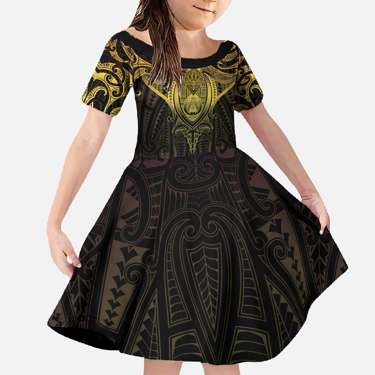 New Zealand Aotearoa Family Matching Off The Shoulder Long Sleeve Dress and Hawaiian Shirt Maori Manta Ray Moko Gold - Polynesian Pride
