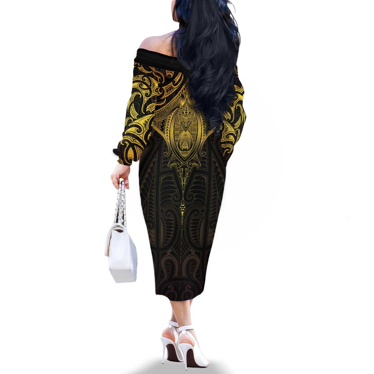 New Zealand Aotearoa Family Matching Off The Shoulder Long Sleeve Dress and Hawaiian Shirt Maori Manta Ray Moko Gold - Polynesian Pride
