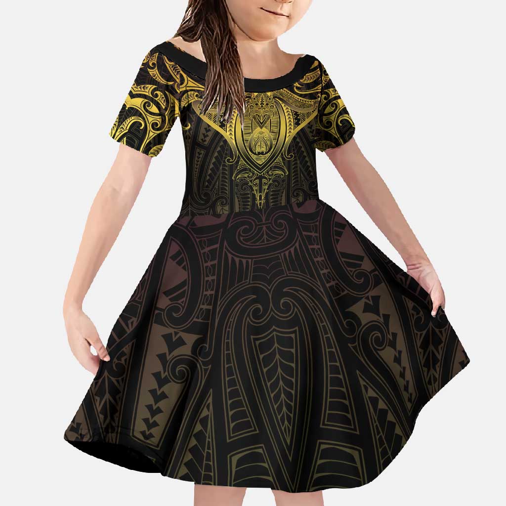 New Zealand Aotearoa Family Matching Off Shoulder Maxi Dress and Hawaiian Shirt Maori Manta Ray Moko Gold - Polynesian Pride