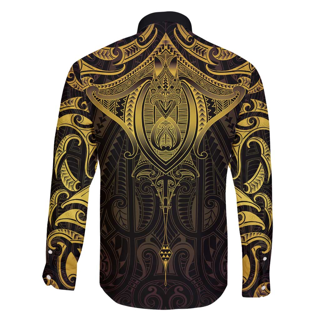 New Zealand Aotearoa Family Matching Off Shoulder Maxi Dress and Hawaiian Shirt Maori Manta Ray Moko Gold - Polynesian Pride