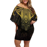 New Zealand Aotearoa Family Matching Off Shoulder Short Dress and Hawaiian Shirt Maori Manta Ray Moko Gold - Polynesian Pride