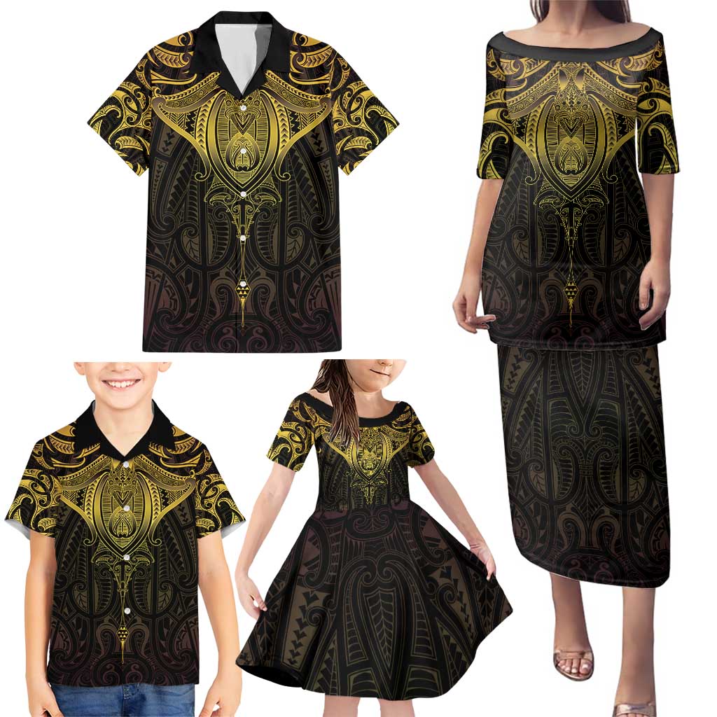 New Zealand Aotearoa Family Matching Puletasi and Hawaiian Shirt Maori Manta Ray Moko Gold LT05 - Polynesian Pride