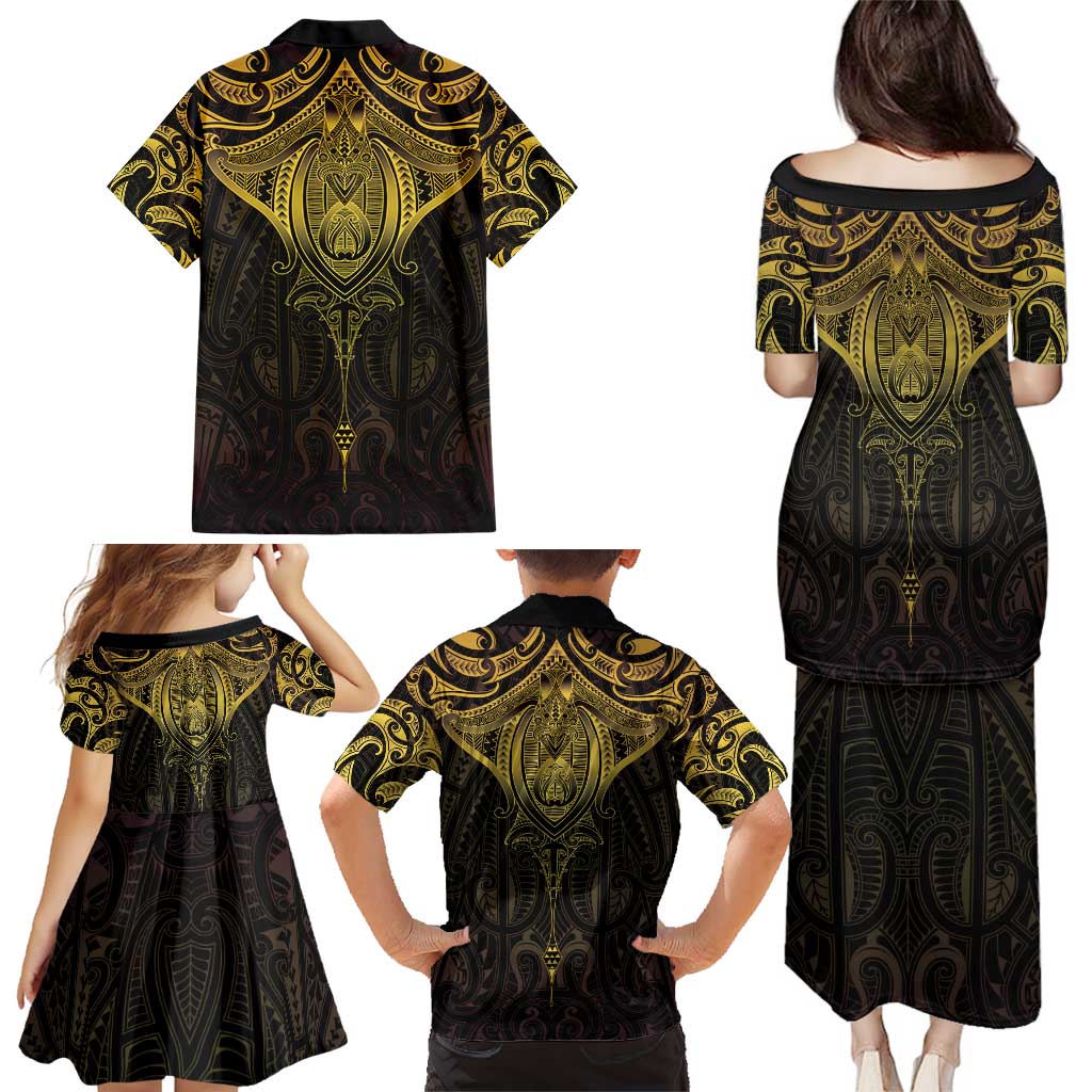 New Zealand Aotearoa Family Matching Puletasi and Hawaiian Shirt Maori Manta Ray Moko Gold LT05 - Polynesian Pride