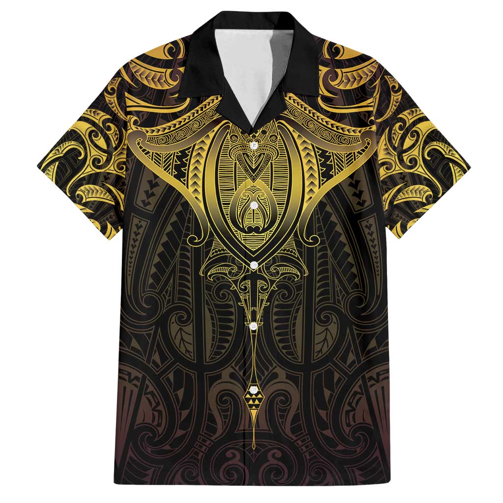 New Zealand Aotearoa Family Matching Puletasi and Hawaiian Shirt Maori Manta Ray Moko Gold LT05 Dad's Shirt - Short Sleeve Gold - Polynesian Pride
