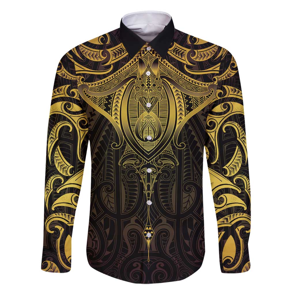 New Zealand Aotearoa Family Matching Puletasi and Hawaiian Shirt Maori Manta Ray Moko Gold LT05 Dad's Shirt - Long Sleeve Gold - Polynesian Pride