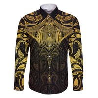 New Zealand Aotearoa Family Matching Puletasi and Hawaiian Shirt Maori Manta Ray Moko Gold LT05 Dad's Shirt - Long Sleeve Gold - Polynesian Pride