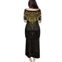 New Zealand Aotearoa Family Matching Puletasi and Hawaiian Shirt Maori Manta Ray Moko Gold LT05 - Polynesian Pride