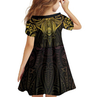 New Zealand Aotearoa Family Matching Short Sleeve Bodycon Dress and Hawaiian Shirt Maori Manta Ray Moko Gold - Polynesian Pride