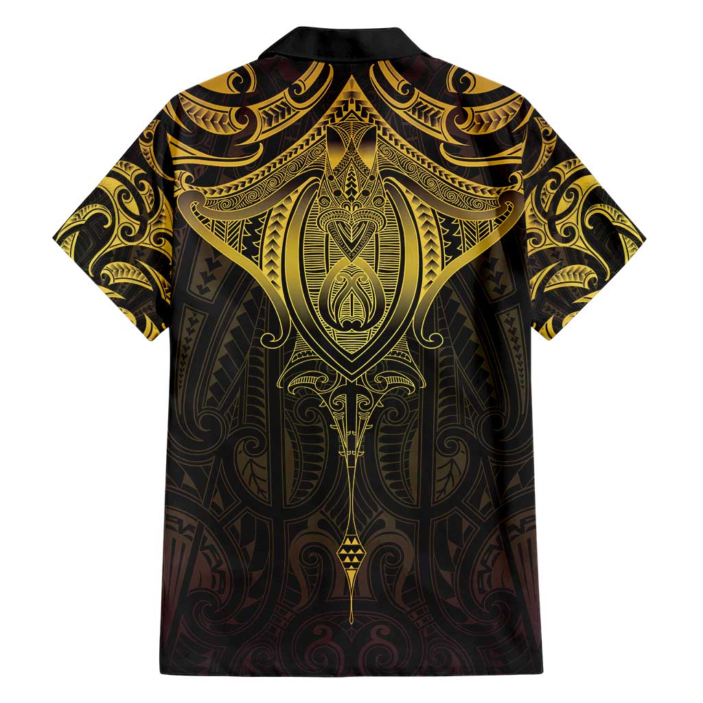 New Zealand Aotearoa Family Matching Short Sleeve Bodycon Dress and Hawaiian Shirt Maori Manta Ray Moko Gold - Polynesian Pride