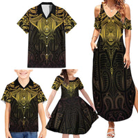 New Zealand Aotearoa Family Matching Summer Maxi Dress and Hawaiian Shirt Maori Manta Ray Moko Gold - Polynesian Pride