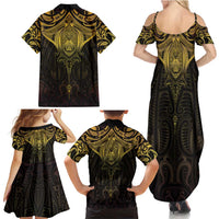 New Zealand Aotearoa Family Matching Summer Maxi Dress and Hawaiian Shirt Maori Manta Ray Moko Gold - Polynesian Pride