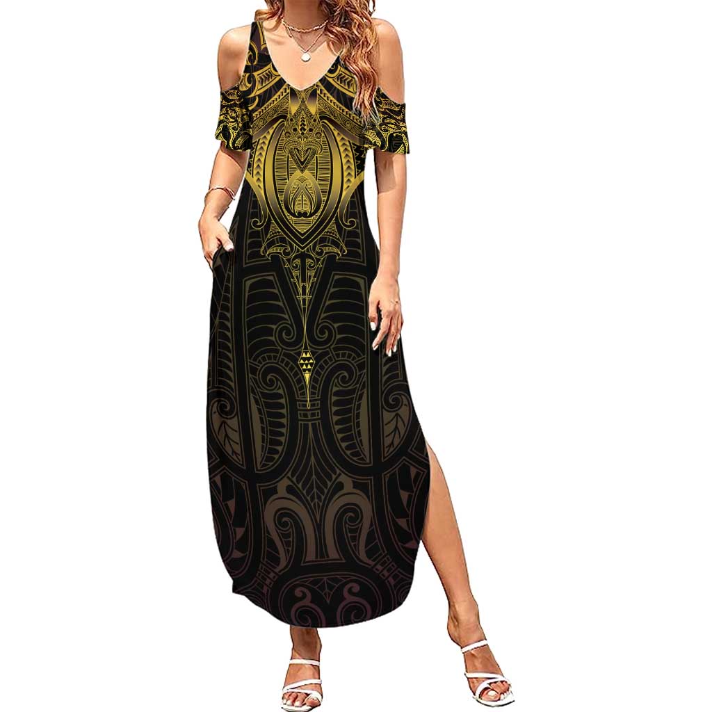 New Zealand Aotearoa Family Matching Summer Maxi Dress and Hawaiian Shirt Maori Manta Ray Moko Gold - Polynesian Pride