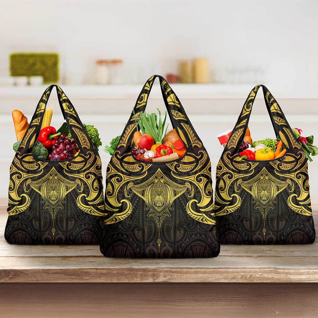 New Zealand Aotearoa Grocery Bag Maori Manta Ray Moko Gold LT05 3-pack One Size Gold - Polynesian Pride