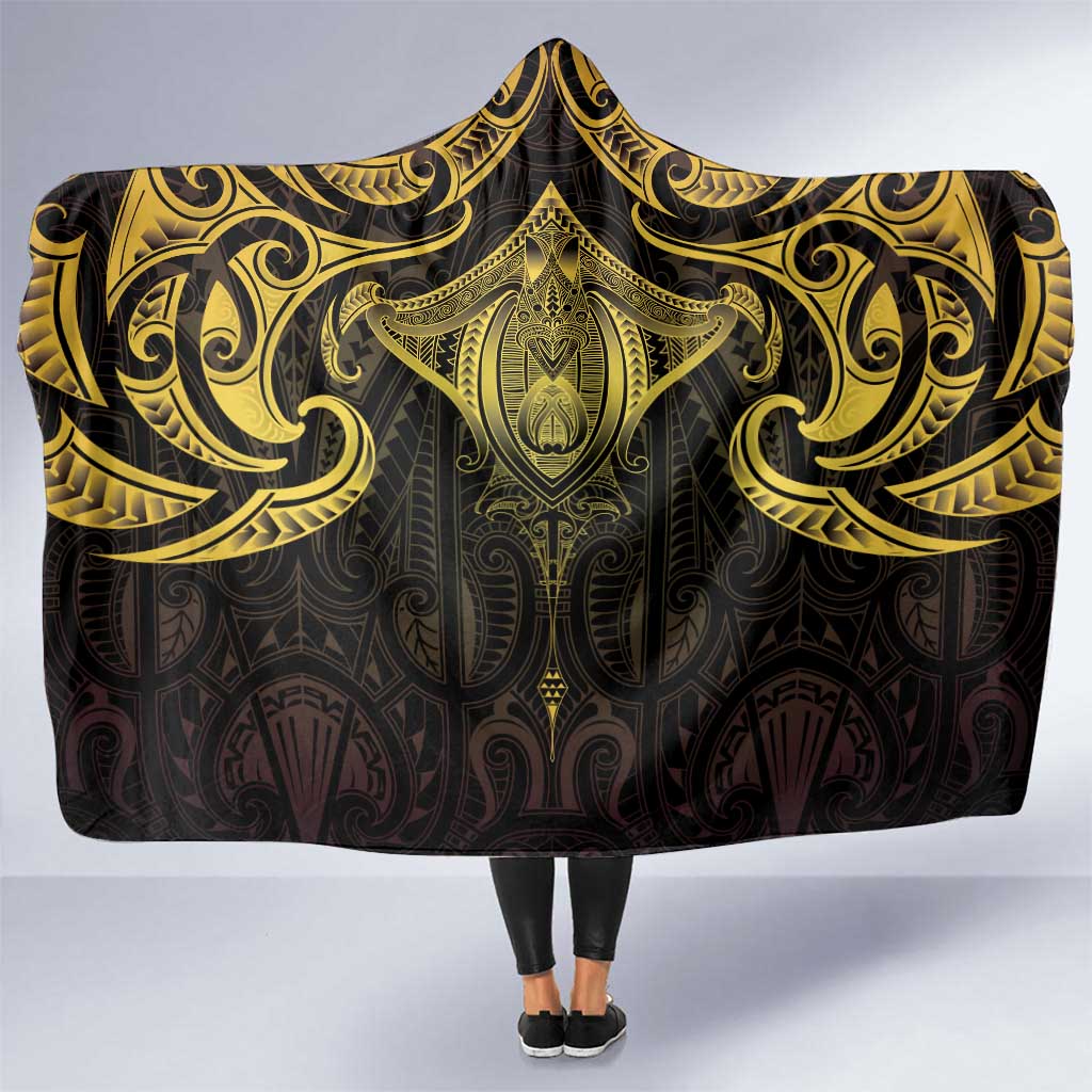 New Zealand Aotearoa Hooded Blanket Maori Manta Ray Moko Gold LT05 One Size Gold - Polynesian Pride