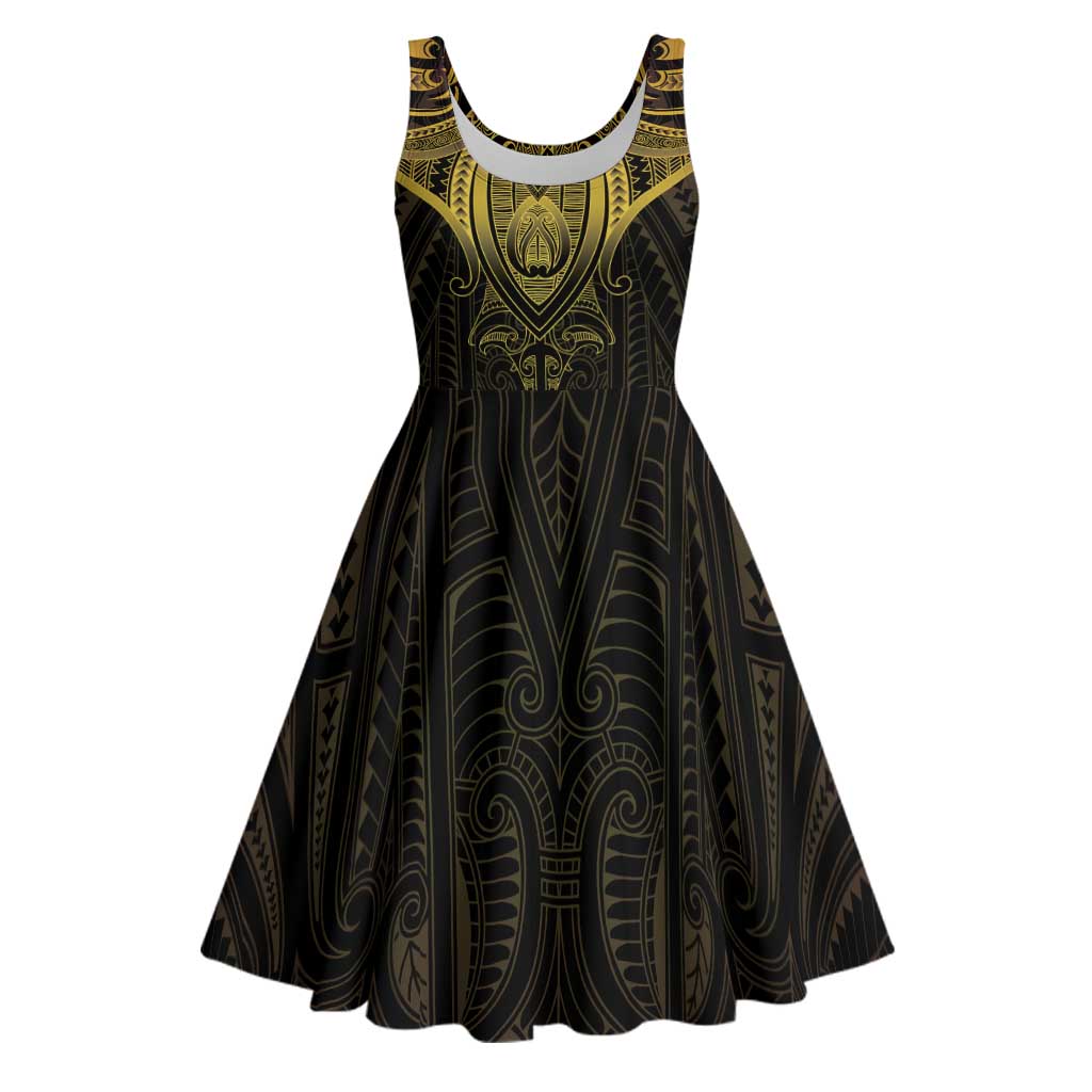 New Zealand Aotearoa Midi Dress Maori Manta Ray Moko Gold - Polynesian Pride