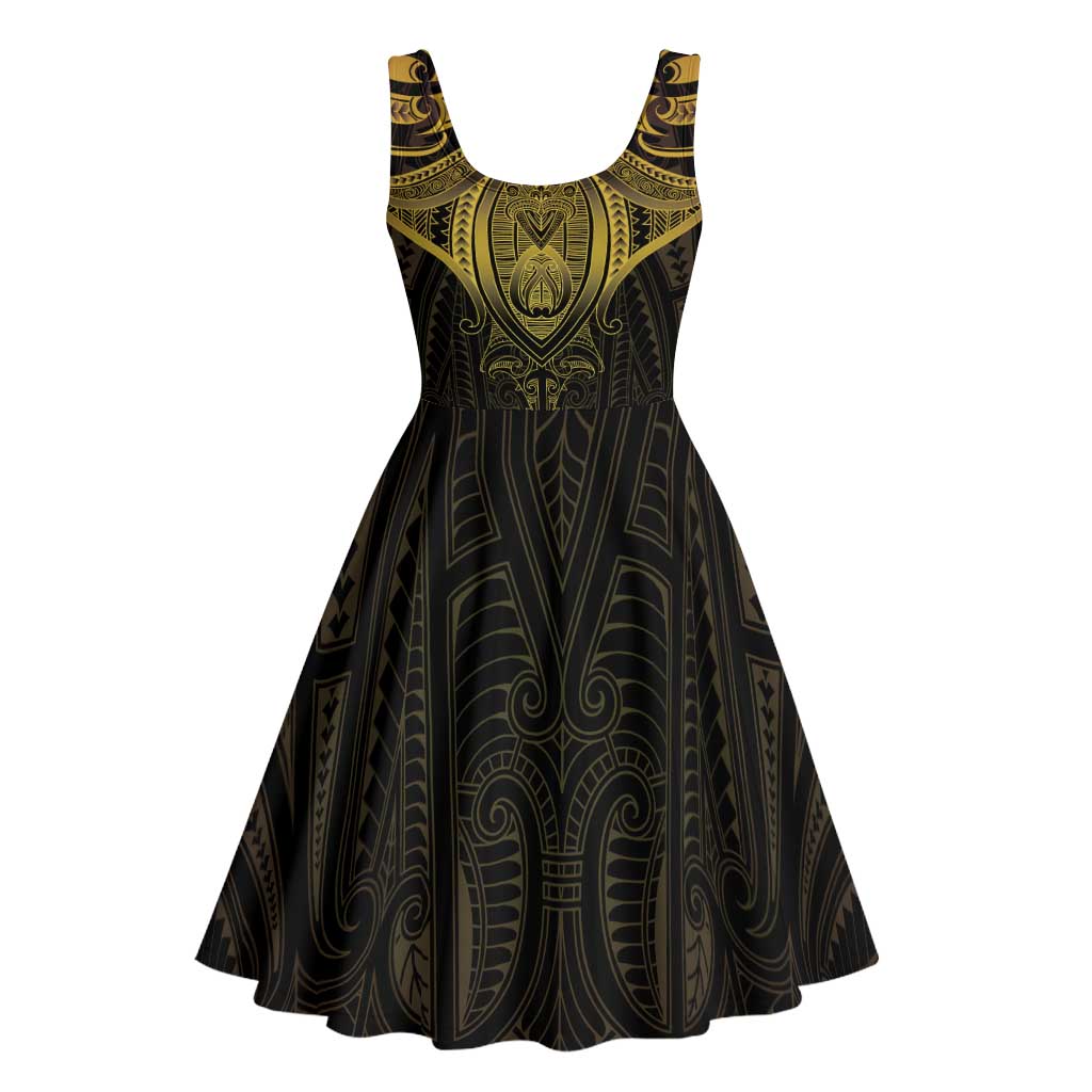 New Zealand Aotearoa Midi Dress Maori Manta Ray Moko Gold - Polynesian Pride