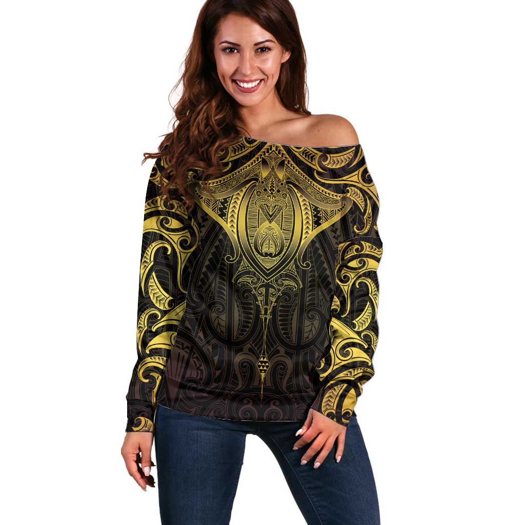 New Zealand Aotearoa Off Shoulder Sweater Maori Manta Ray Moko Gold - Polynesian Pride