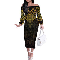 New Zealand Aotearoa Off The Shoulder Long Sleeve Dress Maori Manta Ray Moko Gold - Polynesian Pride