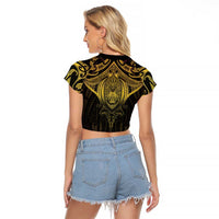 New Zealand Aotearoa Raglan Cropped T Shirt Maori Manta Ray Moko Gold LT05 - Polynesian Pride
