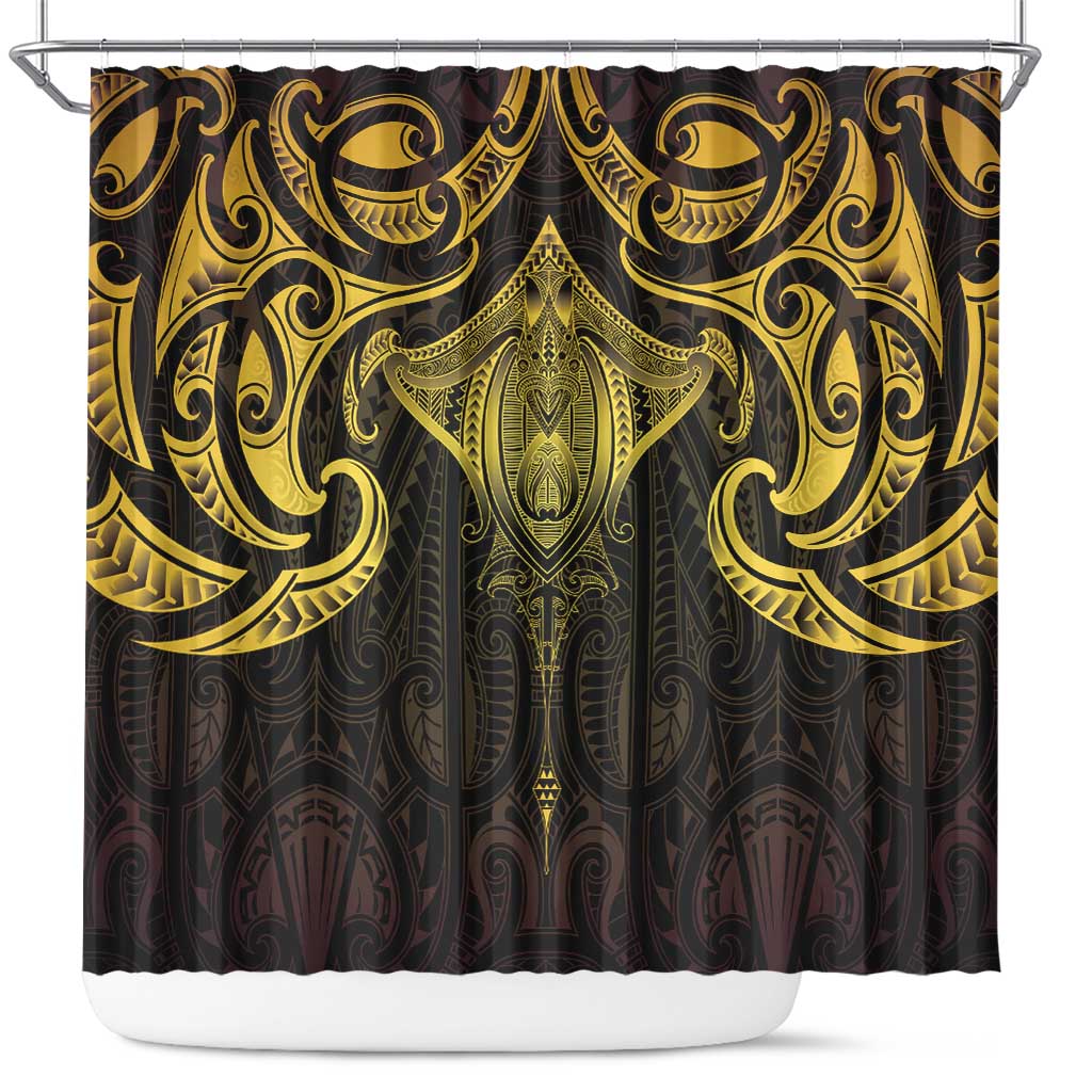 New Zealand Aotearoa Shower Curtain Maori Manta Ray Moko Gold LT05 Gold - Polynesian Pride