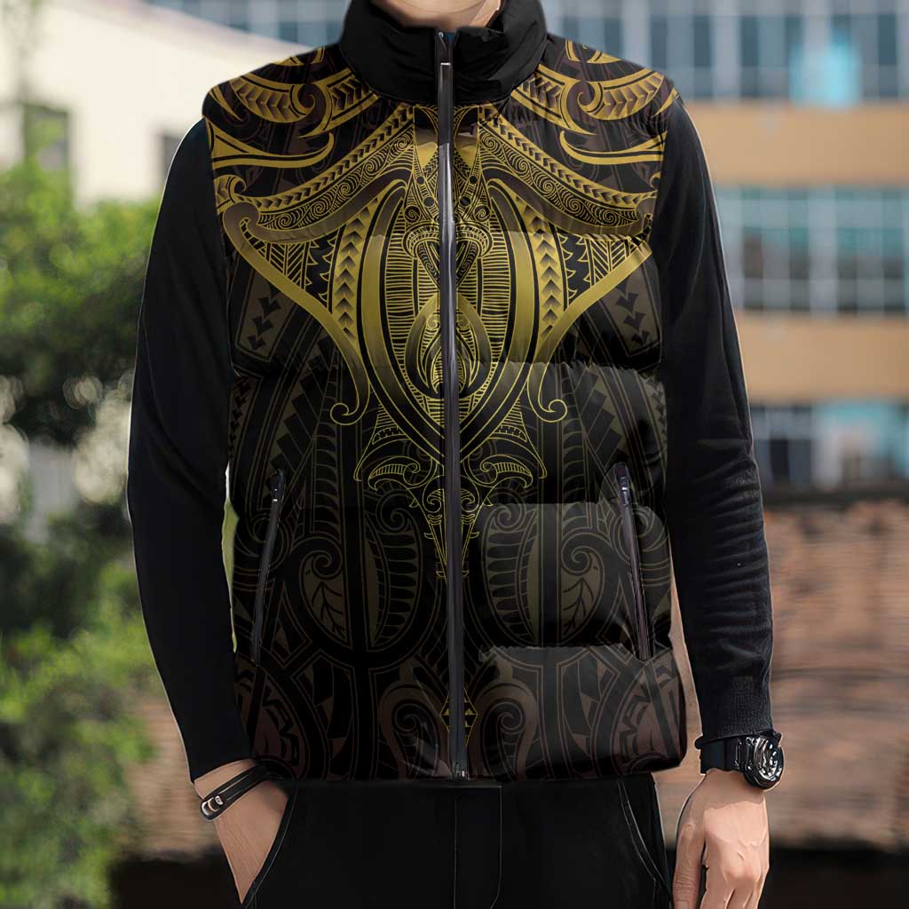 New Zealand Aotearoa Sleeveless Puffer Jacket Maori Manta Ray Moko Gold - Polynesian Pride