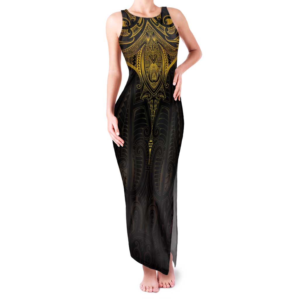 New Zealand Aotearoa Tank Maxi Dress Maori Manta Ray Moko Gold - Polynesian Pride