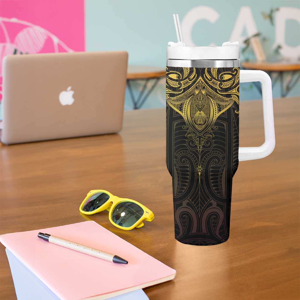 New Zealand Aotearoa Tumbler With Handle Maori Manta Ray Moko Gold LT05 - Polynesian Pride