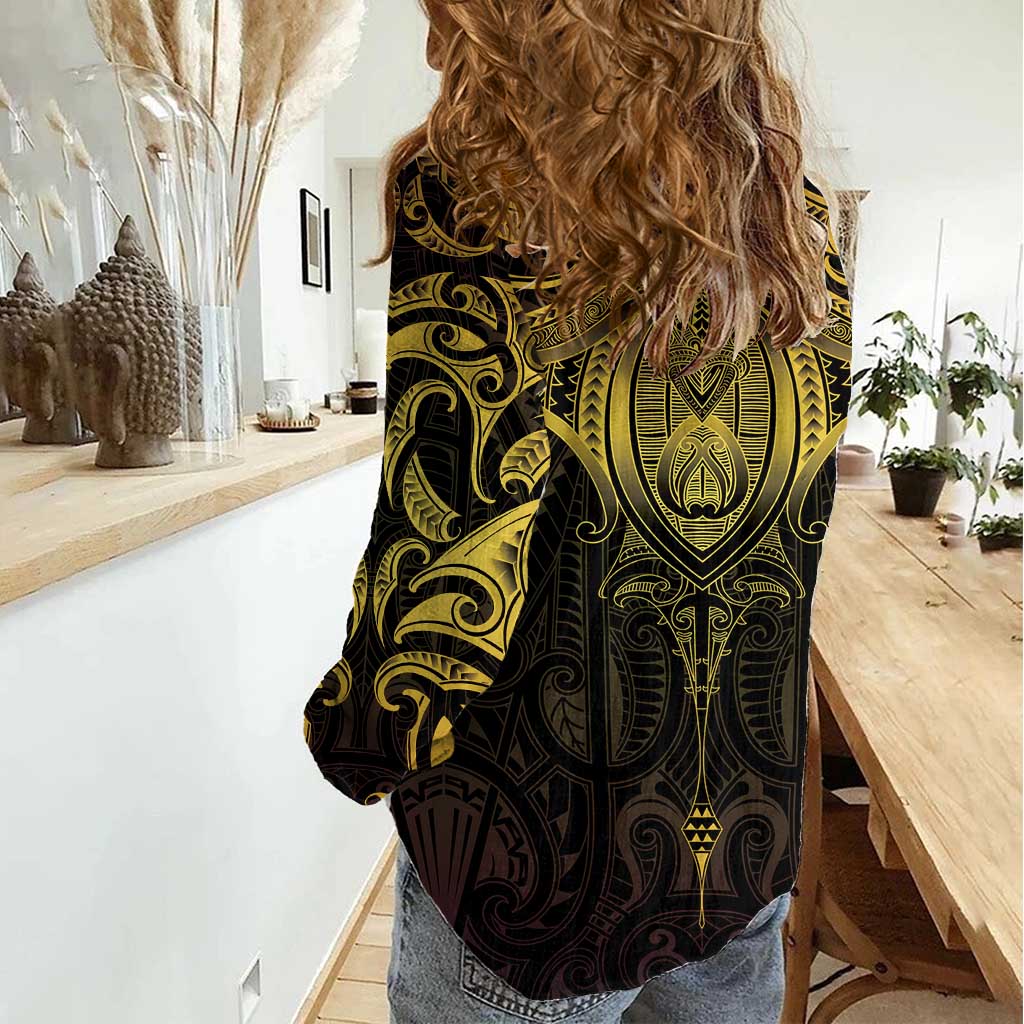 New Zealand Aotearoa Women Casual Shirt Maori Manta Ray Moko Gold - Polynesian Pride