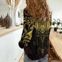 New Zealand Aotearoa Women Casual Shirt Maori Manta Ray Moko Gold - Polynesian Pride